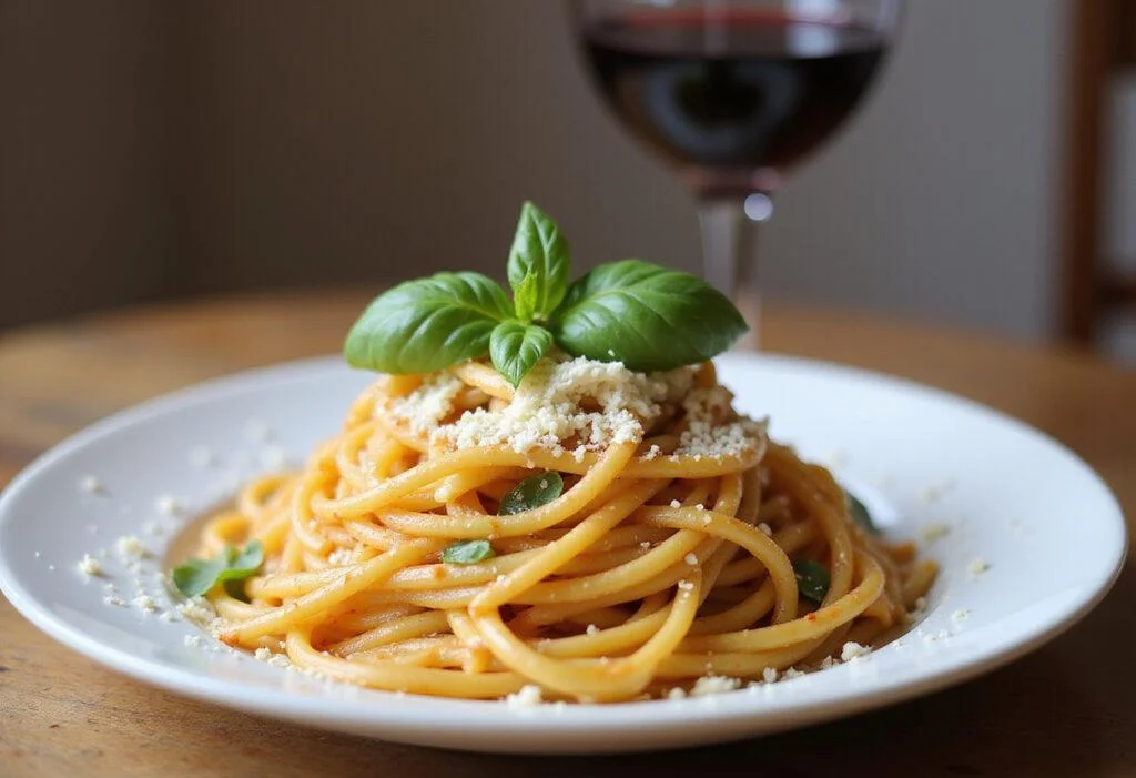 Delicious plate of al dente spaghetti, garnished with basil and parmesan, representing the ultimate tipos de pasta perfection.