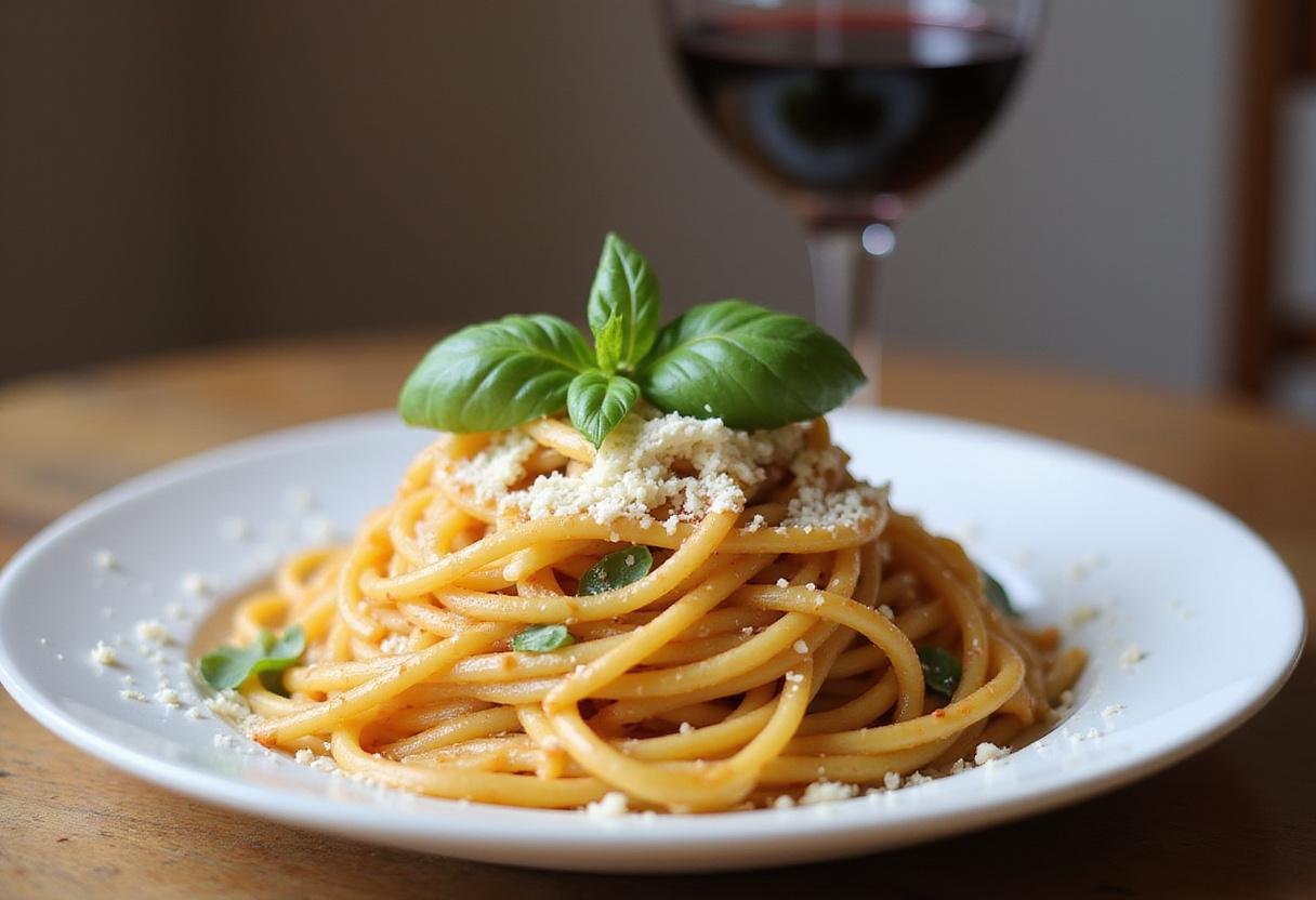 Delicious plate of al dente spaghetti, garnished with basil and parmesan, representing the ultimate tipos de pasta perfection.