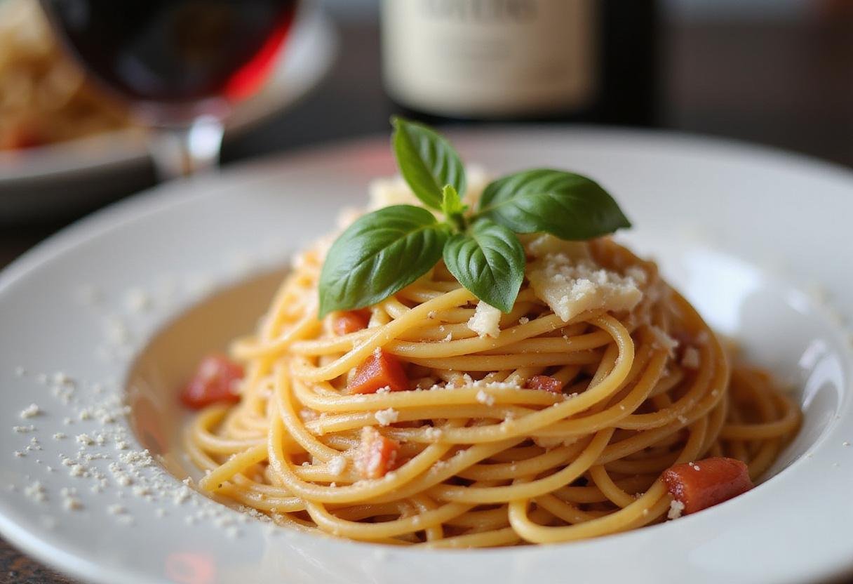 Delicious plate of al dente spaghetti, garnished with basil and parmesan, representing the ultimate tipos de pasta perfection.