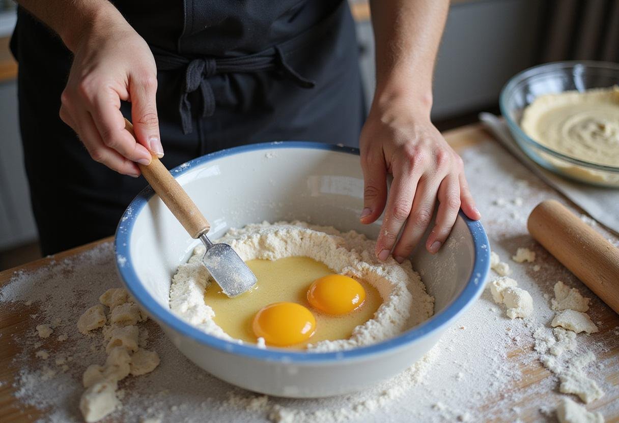 Chef preparing homemade pasta dough using fresh flour and eggs, an essential step in creating authentic tipos de pasta.
