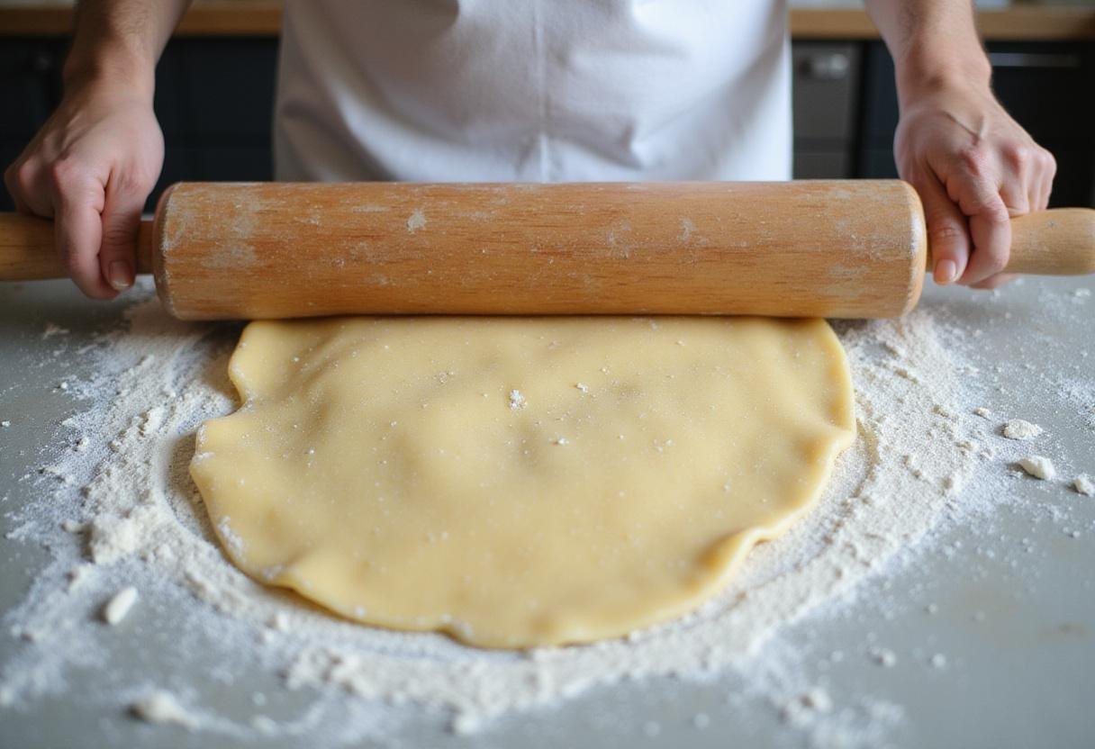 Chef rolling out sheets of dough to make various tipos de pasta, ensuring perfect thickness for traditional Italian dishes.