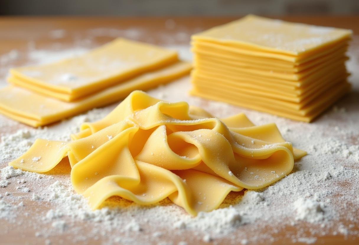 Freshly cut tipos de pasta laying on a floured surface, showcasing tagliatelle and lasagna sheets ready for cooking.