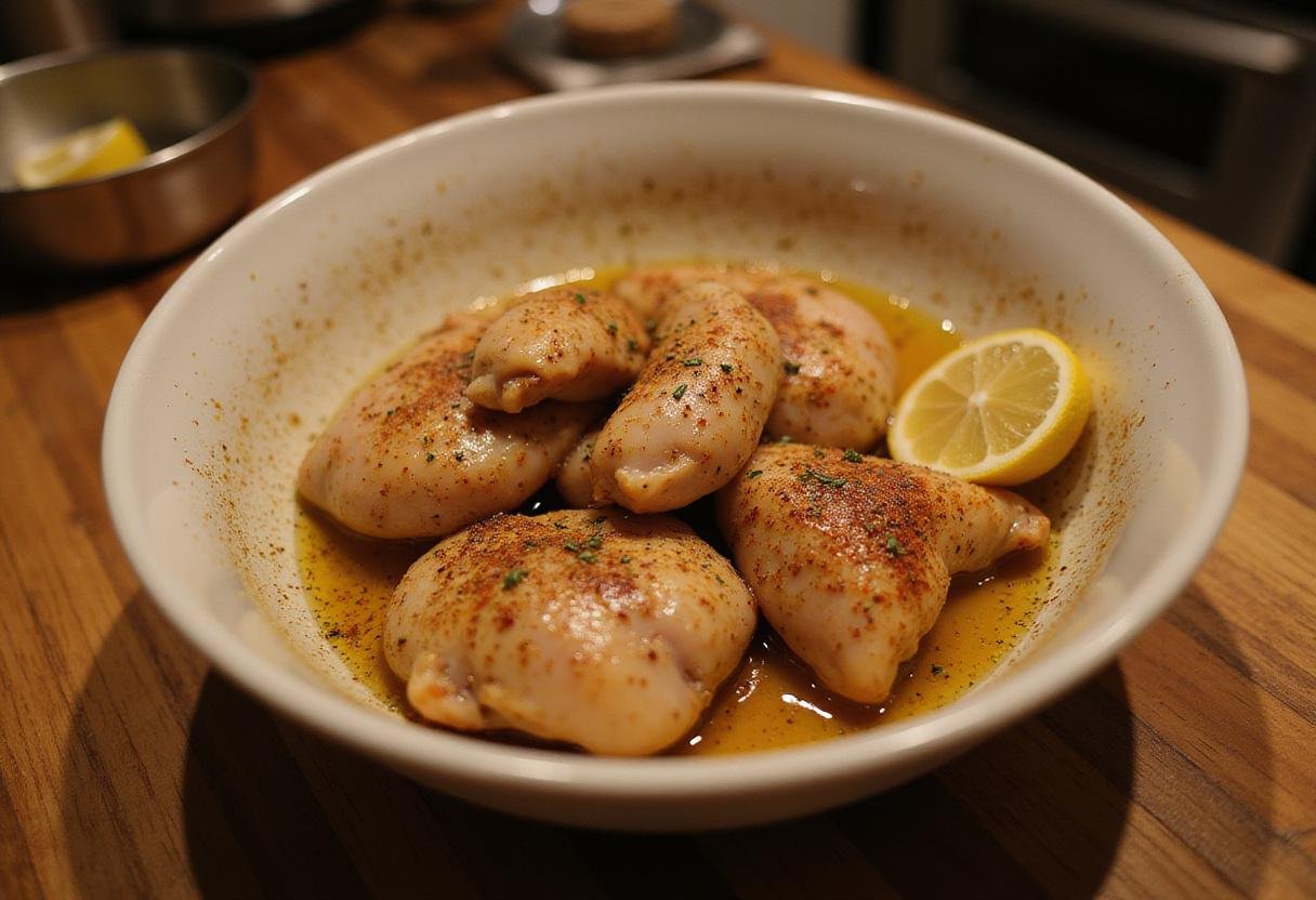 Tyson grilled chicken marinated in spices and olive oil, showcasing the preparation stage of delicious grilled chicken.