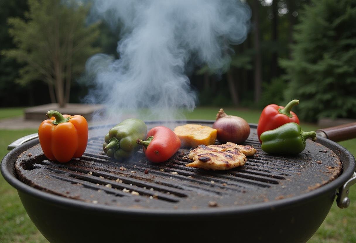 A backyard grill preheating, ideal for cooking Tyson grilled chicken, with fresh bell peppers and onions in the background, preparing for a delightful meal.