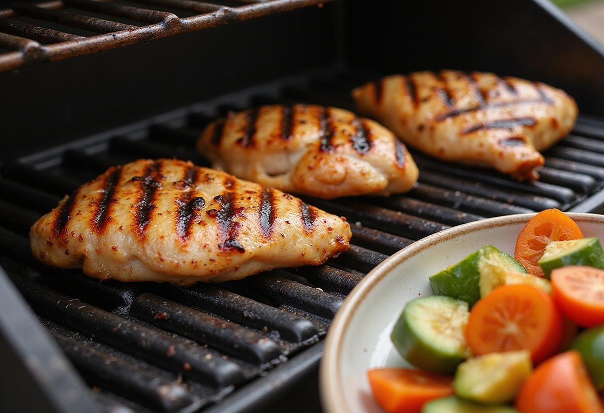 Tyson grilled chicken fillets cooking on the grill, capturing the delicious aroma and beautiful grill marks.