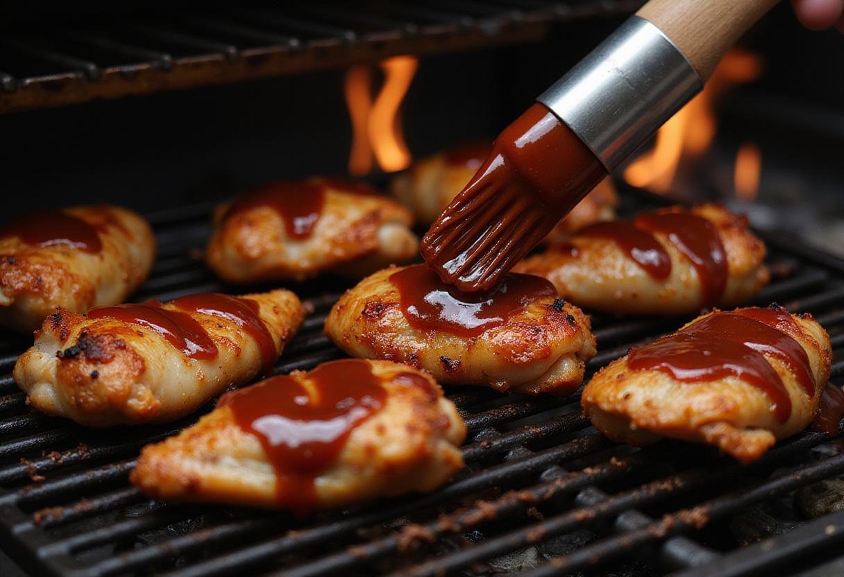 Brushing barbecue sauce on sizzling Tyson grilled chicken on the grill, adding flavor to this delightful dish.