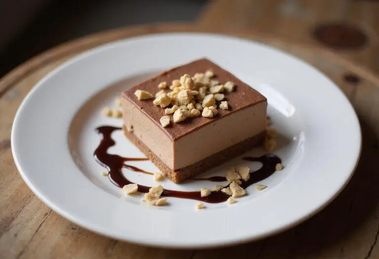 Serving a velvety hazelnut cream swirl dessert garnished with crushed hazelnuts and chocolate sauce on a rustic table.