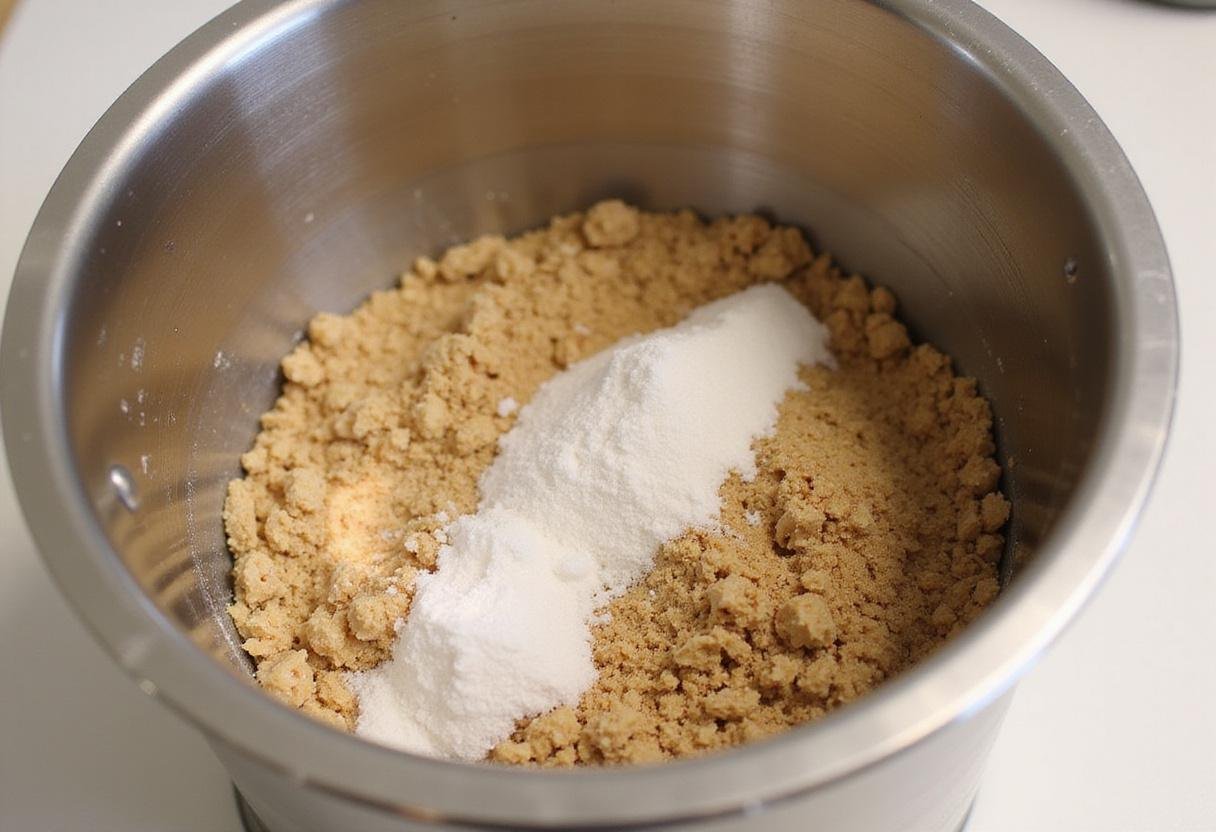 Creating a smooth hazelnut cream with blended hazelnuts and sugar in a modern kitchen.