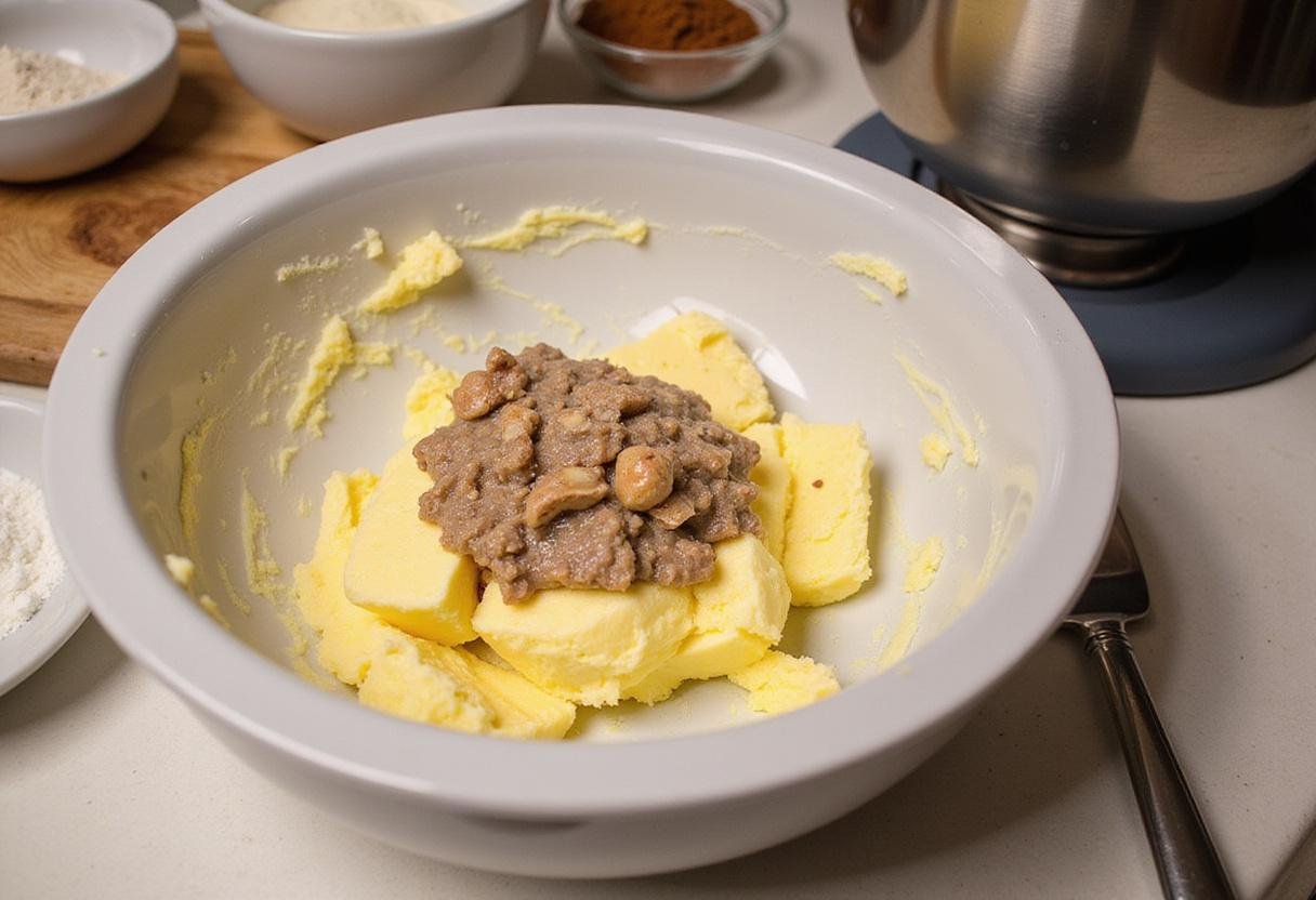 Mixing butter with hazelnut cream to make a rich and velvety texture in a well-equipped kitchen.