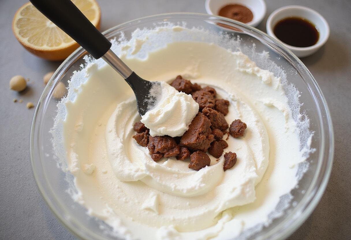 Incorporating hazelnut cream into whipped cream for a delicious dessert filling in a cozy kitchen.