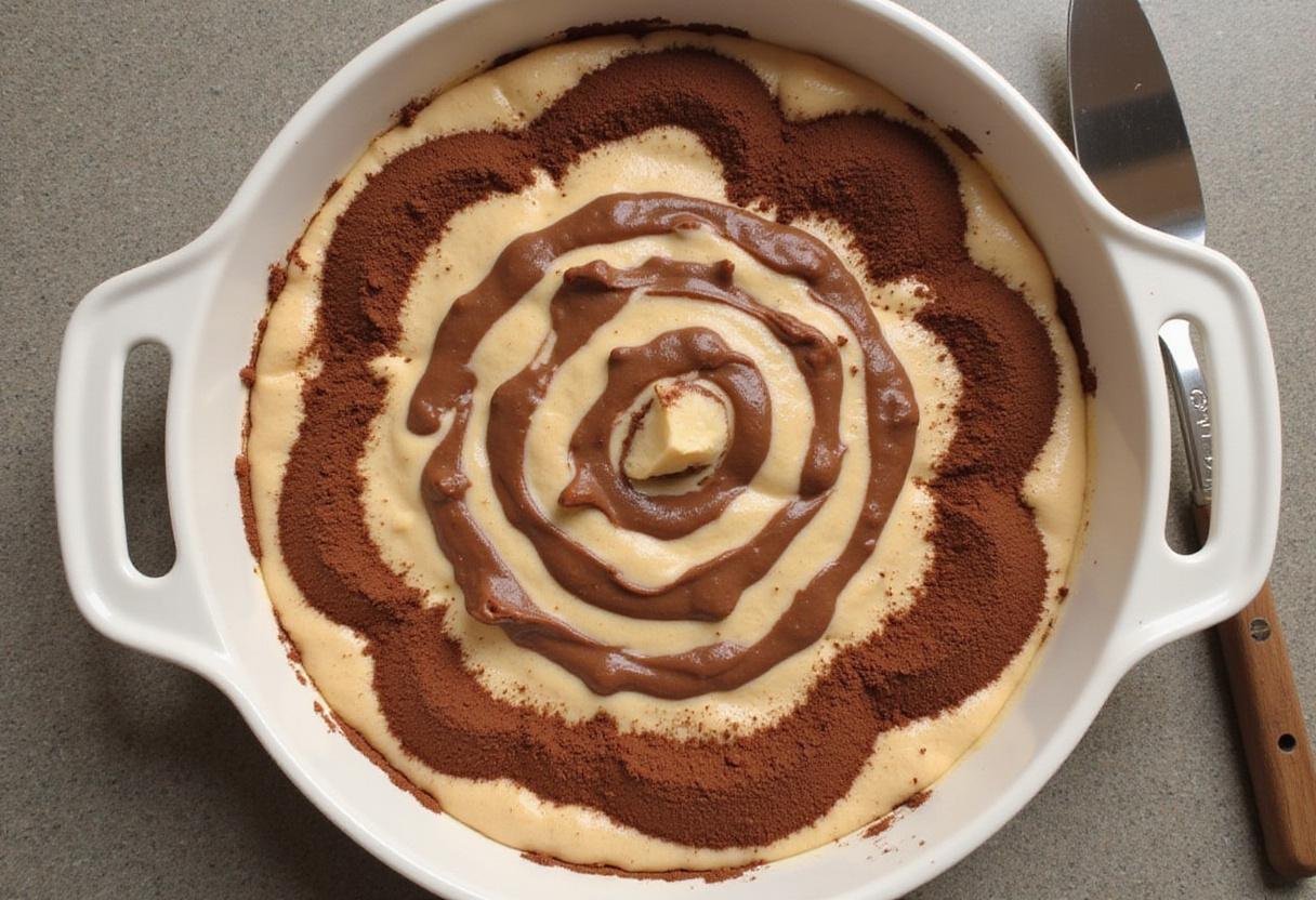 Layering hazelnut cream and cocoa powder in a dish for a delectable dessert in a bright kitchen.