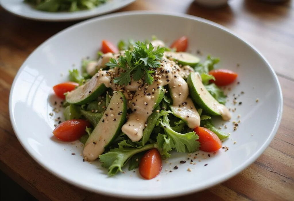 Final presentation of salad with tahini dressing, illustrating delicious tahini uses in cooking for a healthy meal.