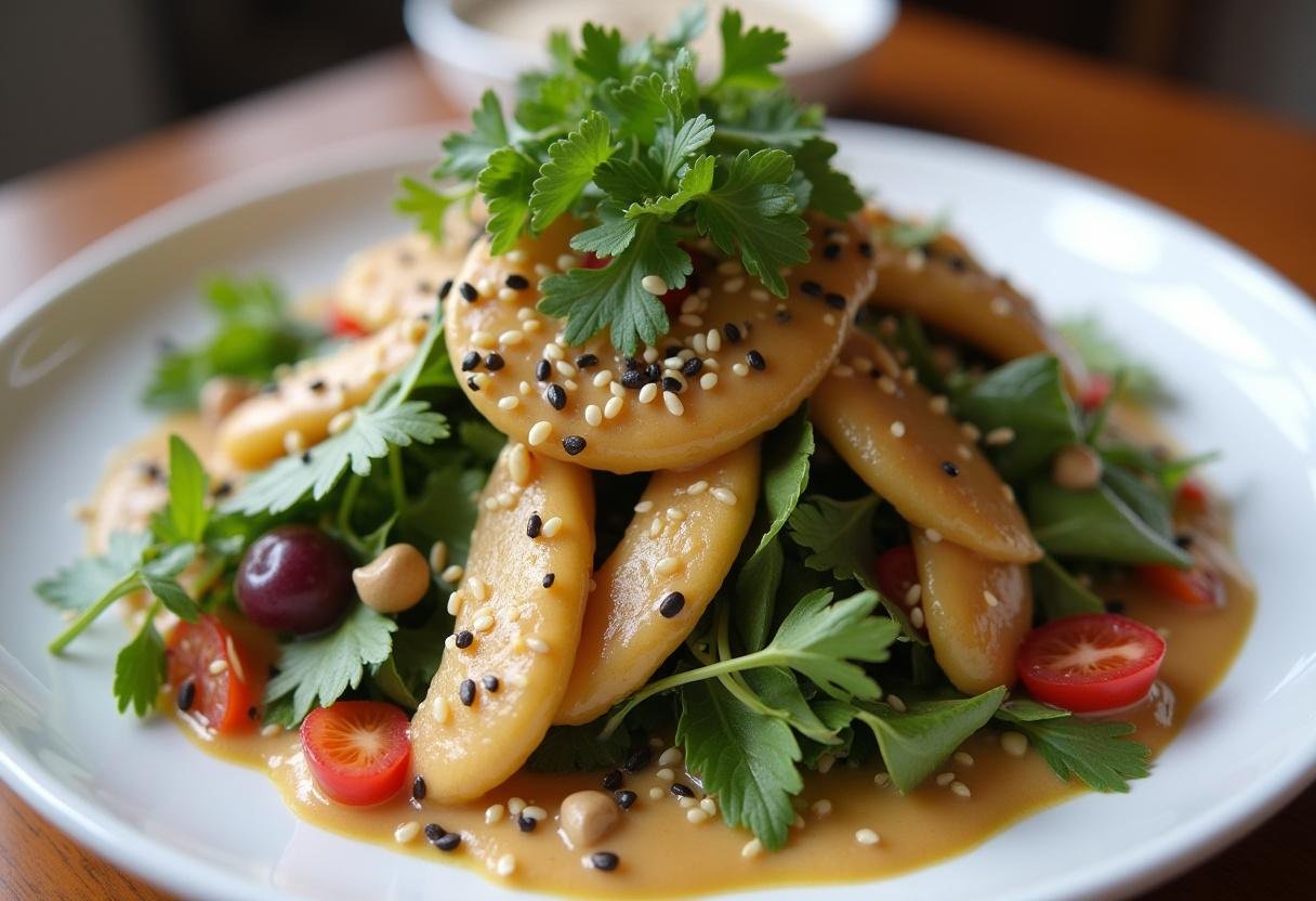 Final presentation of salad with tahini dressing, illustrating delicious tahini uses in cooking for a healthy meal.