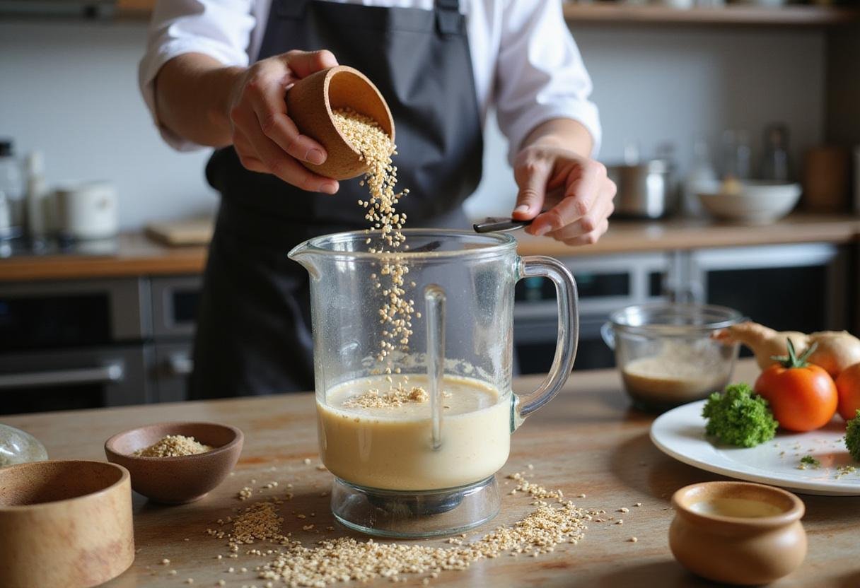 Measuring sesame seeds for tahini, exploring tahini uses in cooking with fresh ingredients.
