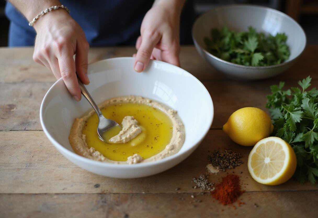 Creating a tahini dressing with olive oil and lemon juice, highlighting the versatility of tahini uses in cooking.