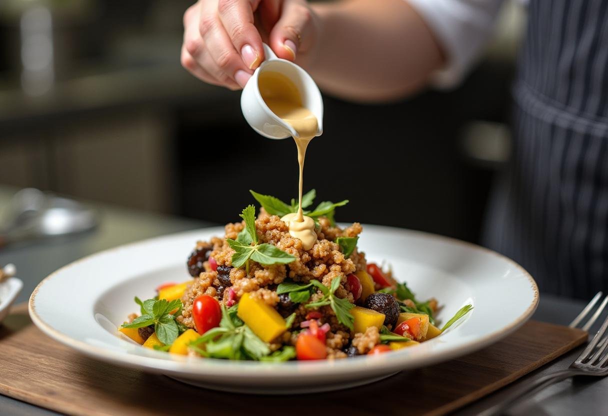 Drizzling tahini sauce over a fresh salad, showcasing creative tahini uses in cooking for a delicious meal.