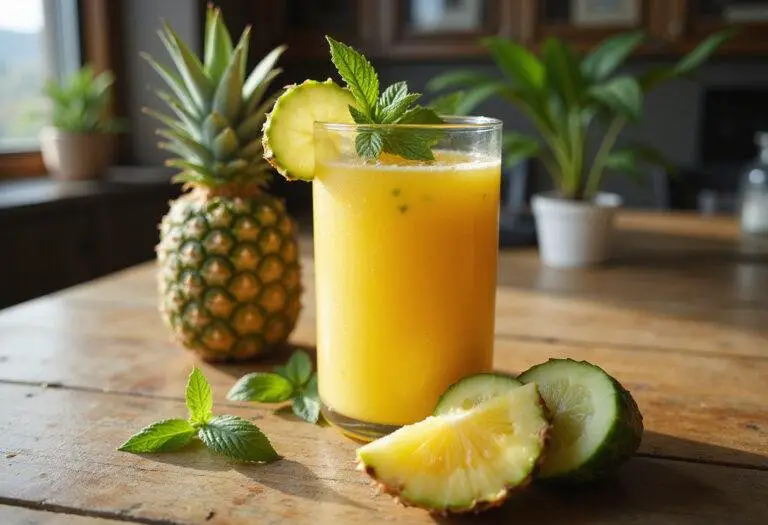 Refreshing pineapple cucumber juice served in a glass with mint and cucumber garnish, ideal for a summer drink, bright and vibrant presentation.