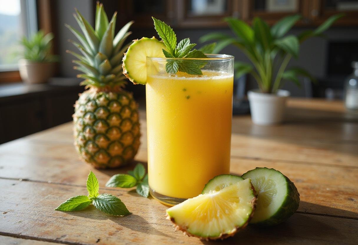 Refreshing pineapple cucumber juice served in a glass with mint and cucumber garnish, ideal for a summer drink, bright and vibrant presentation.