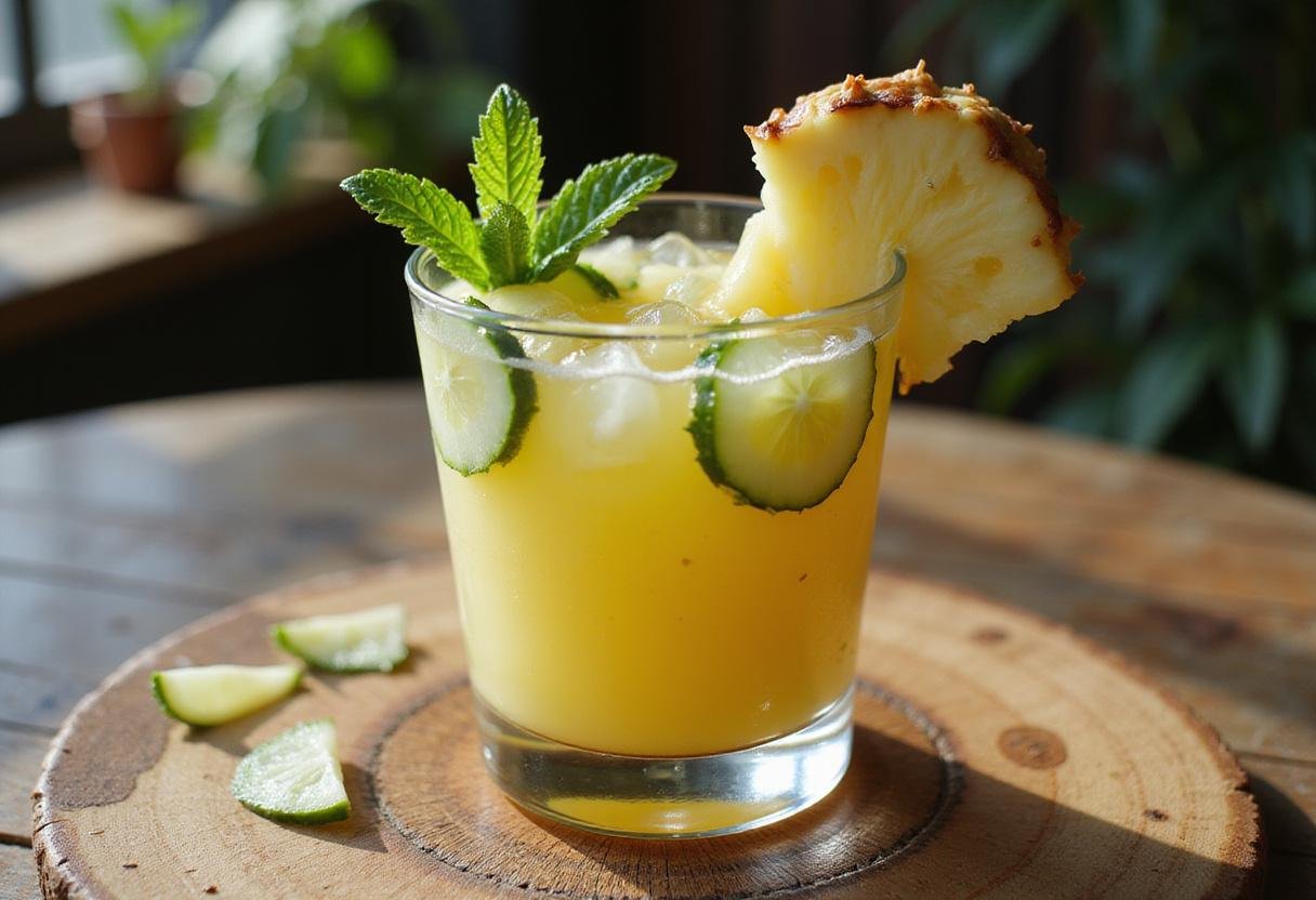 Refreshing pineapple cucumber juice served in a glass with mint and cucumber garnish, ideal for a summer drink, bright and vibrant presentation.