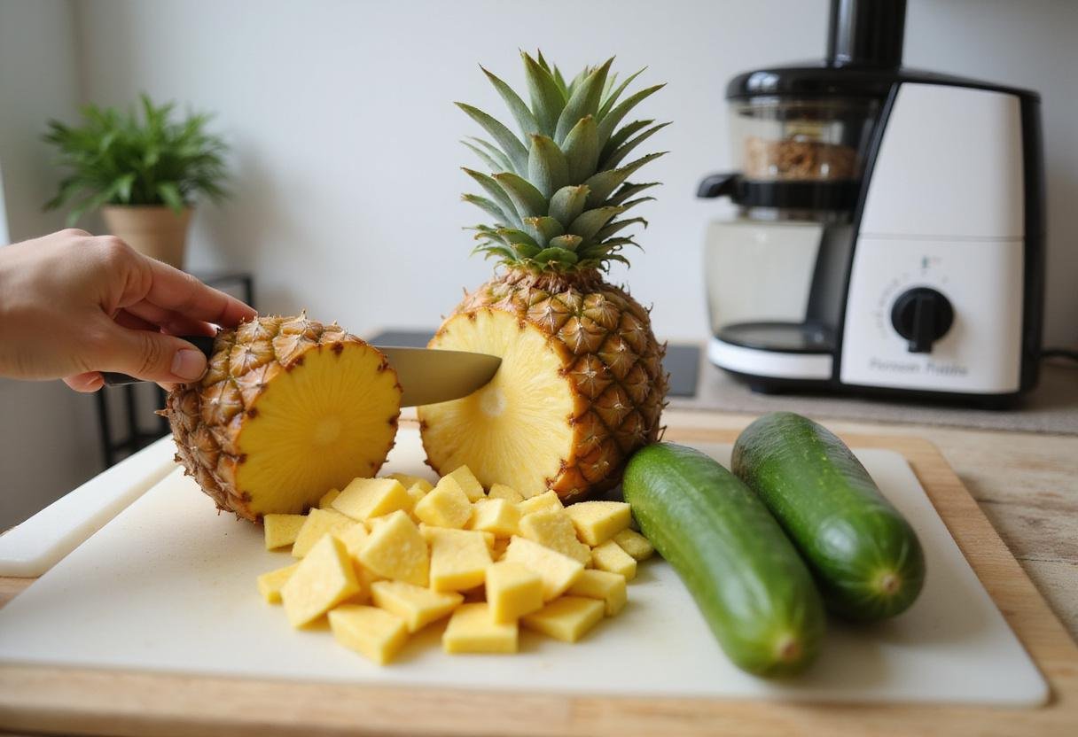 Fresh pineapple and cucumber on a cutting board, preparing to make pineapple cucumber juice, vibrant kitchen setting.