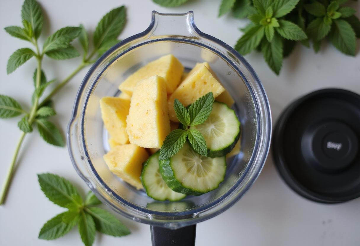 Blending fresh pineapple and cucumber slices for a refreshing juice, with mint leaves in a bright and vibrant kitchen.