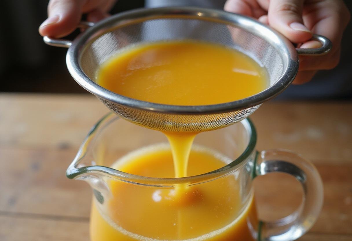 Straining fresh pineapple cucumber juice into a pitcher, showcasing the vibrant color and refreshing texture, perfect for serving.