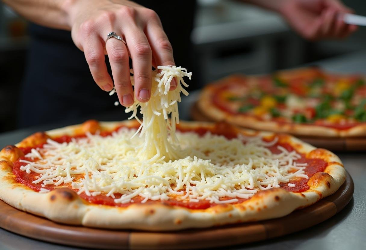 Cheese being added to Vinny's pizza, highlighting the delicious ingredients that make up the tasty menu.