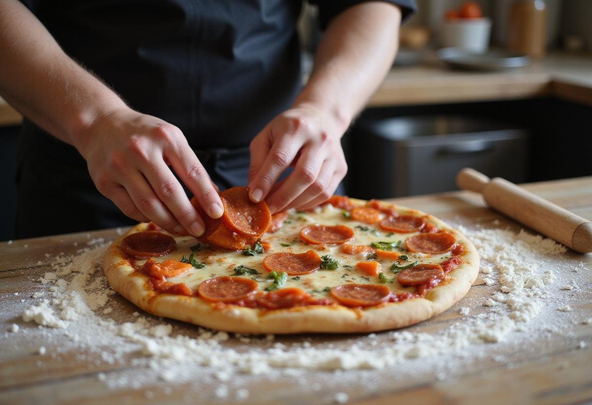 Topping Vinny's pizza with pepperoni and fresh veggies, illustrating the preparation process for a tasty menu item.