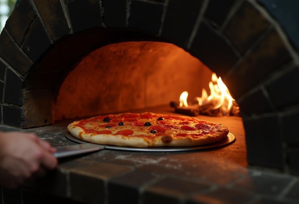 Cooking Vinny's pizza in a wood-fired oven, capturing the magic of traditional pizza making for Vinny's pizza menu.