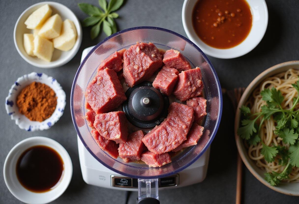 Wagyu beef being ground in a food processor, showcasing the ideal texture for a flavorful Mongolian ground beef recipe surrounded by spices and sauces.