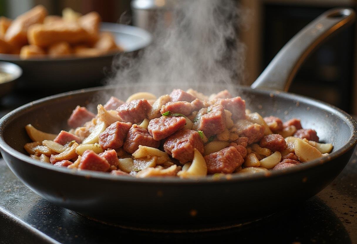 Ground Wagyu beef cooking in a sauté pan with onions and garlic, creating a rich aroma indicative of the classic Mongolian ground beef recipe.