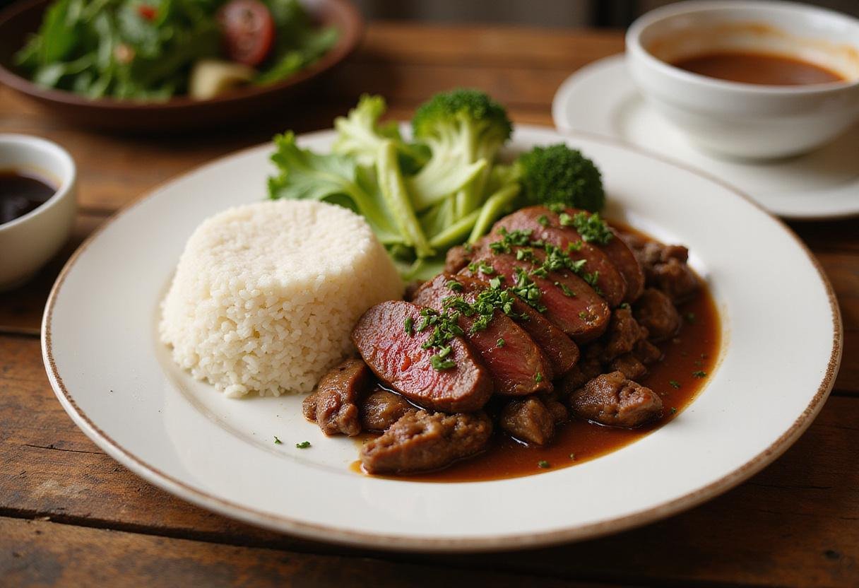 Plated Wagyu ground beef dish garnished with herbs served with rice and vegetables, highlighting a delicious Mongolian ground beef recipe.