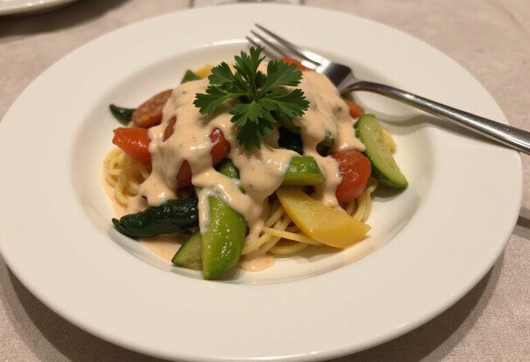 Final presentation of White Pepper Velvet Sauce elegantly served over vegetables and pasta, showcasing a rich, creamy texture.