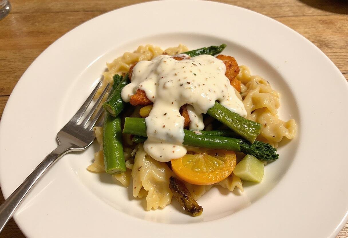 Final presentation of White Pepper Velvet Sauce elegantly served over vegetables and pasta, showcasing a rich, creamy texture.