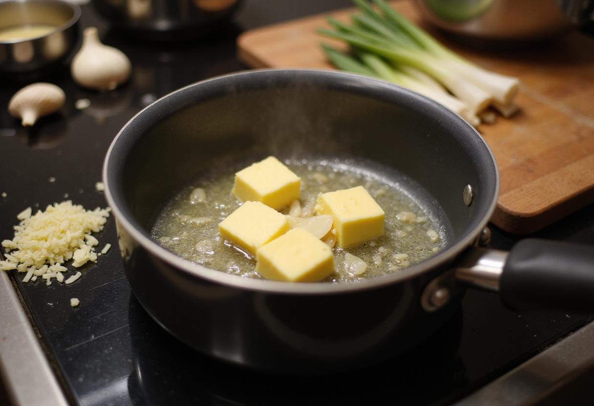 Melting butter in a saucepan for White Pepper Velvet Sauce, enhanced with garlic and shallots for flavor.