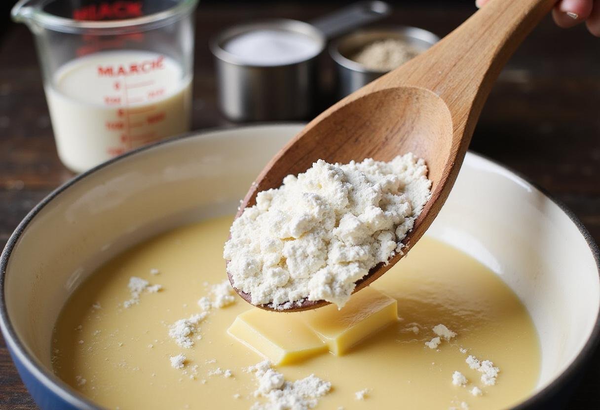 Making a roux for White Pepper Velvet Sauce by stirring flour into melted butter, preparing to add milk and white pepper.