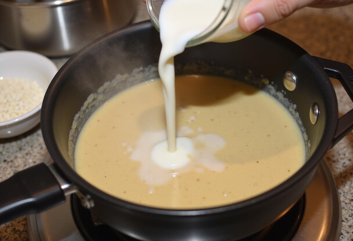 Pouring milk into the roux for the perfect White Pepper Velvet Sauce, thickening up with a smooth texture.