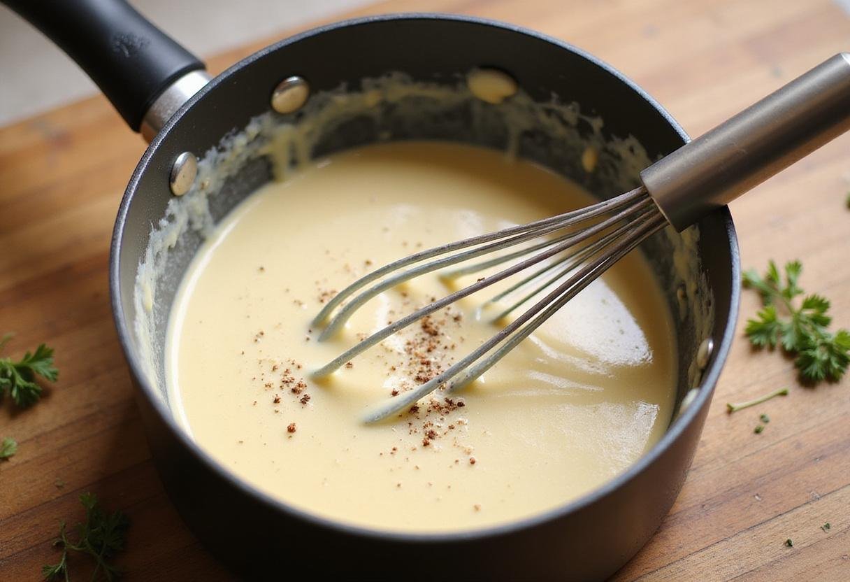 Whisking white pepper into the creamy White Pepper Velvet Sauce, showcasing its velvety texture with a hint of garnish.