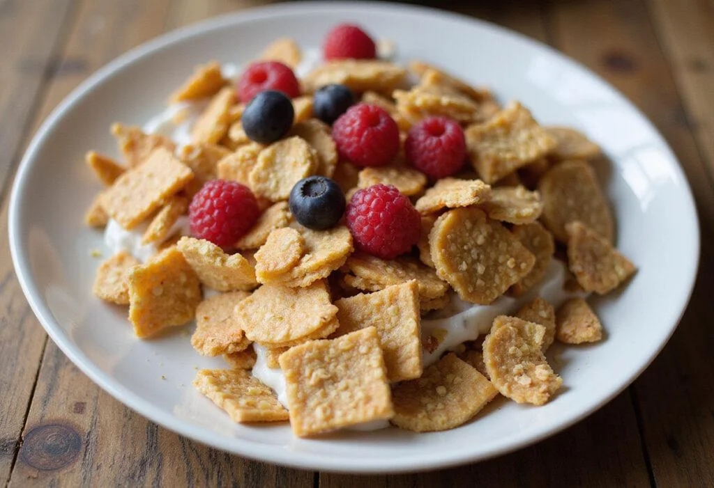 Serving Zesty Yogurt Chip Crunch on a plate, highlighting the texture and colorful yogurt chips, a perfect healthy snack.