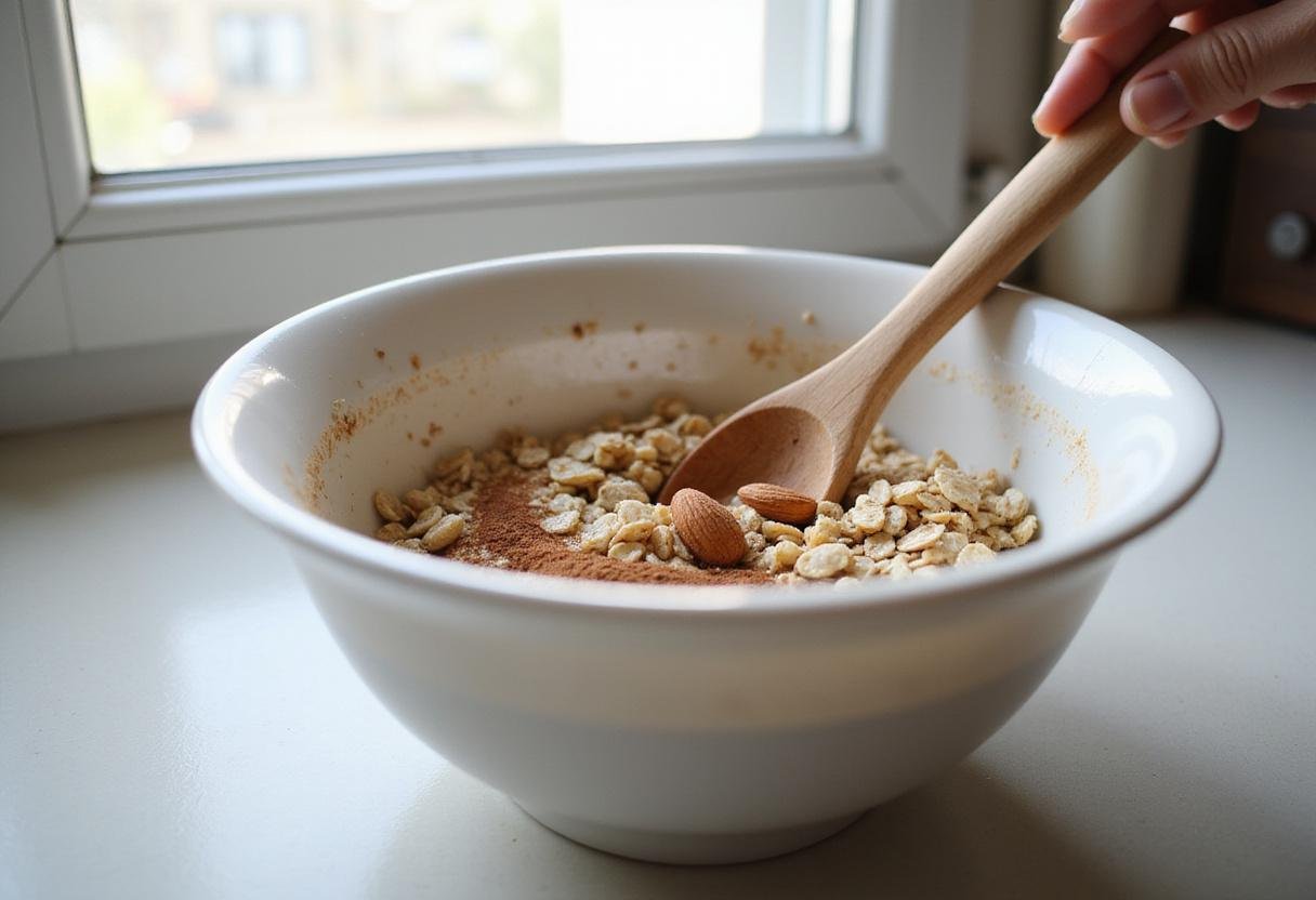 Mixing rolled oats, almonds, and cinnamon for Zesty Yogurt Chip Crunch, a healthy snack recipe.