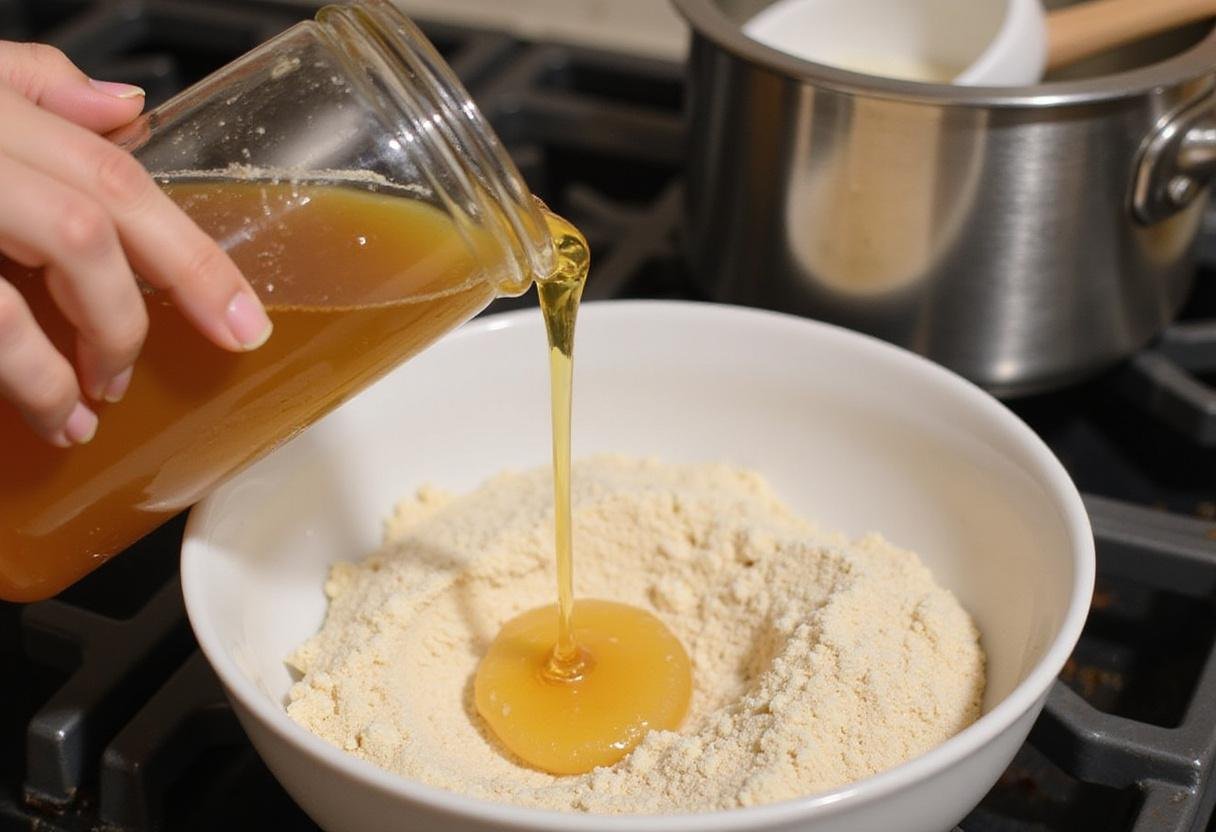 Adding honey and melted coconut oil to oat mixture for Zesty Yogurt Chip Crunch, a tasty and healthy treat.