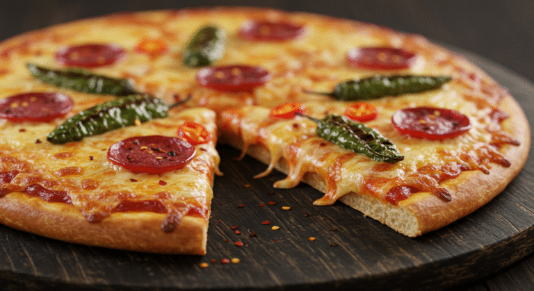 Delicious Spicy Hot Stuff Pizza Treat with bubbling cheese and crispy crust, served on a pizza board.
