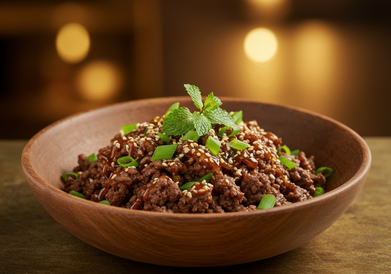 Final presentation of the Wagyu ground beef dish, beautifully arranged and inviting, showcasing an exquisite Mongolian ground beef recipe ready for serving.