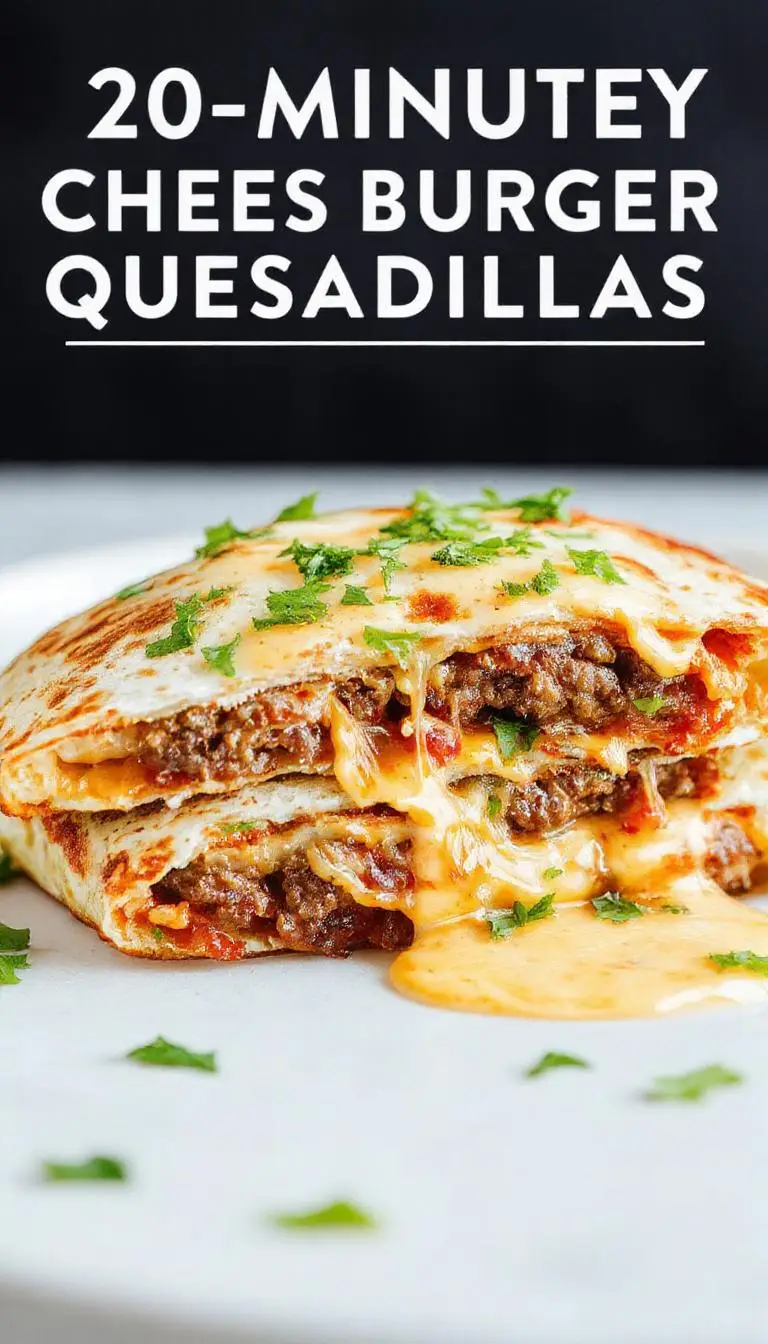 Golden-brown, crispy cheeseburger quesadillas cut into quarters, revealing melted cheese, seasoned ground beef, and fresh toppings inside, arranged on a rustic wooden platter with a side of salsa and sour cream, garnished with chopped cilantro.