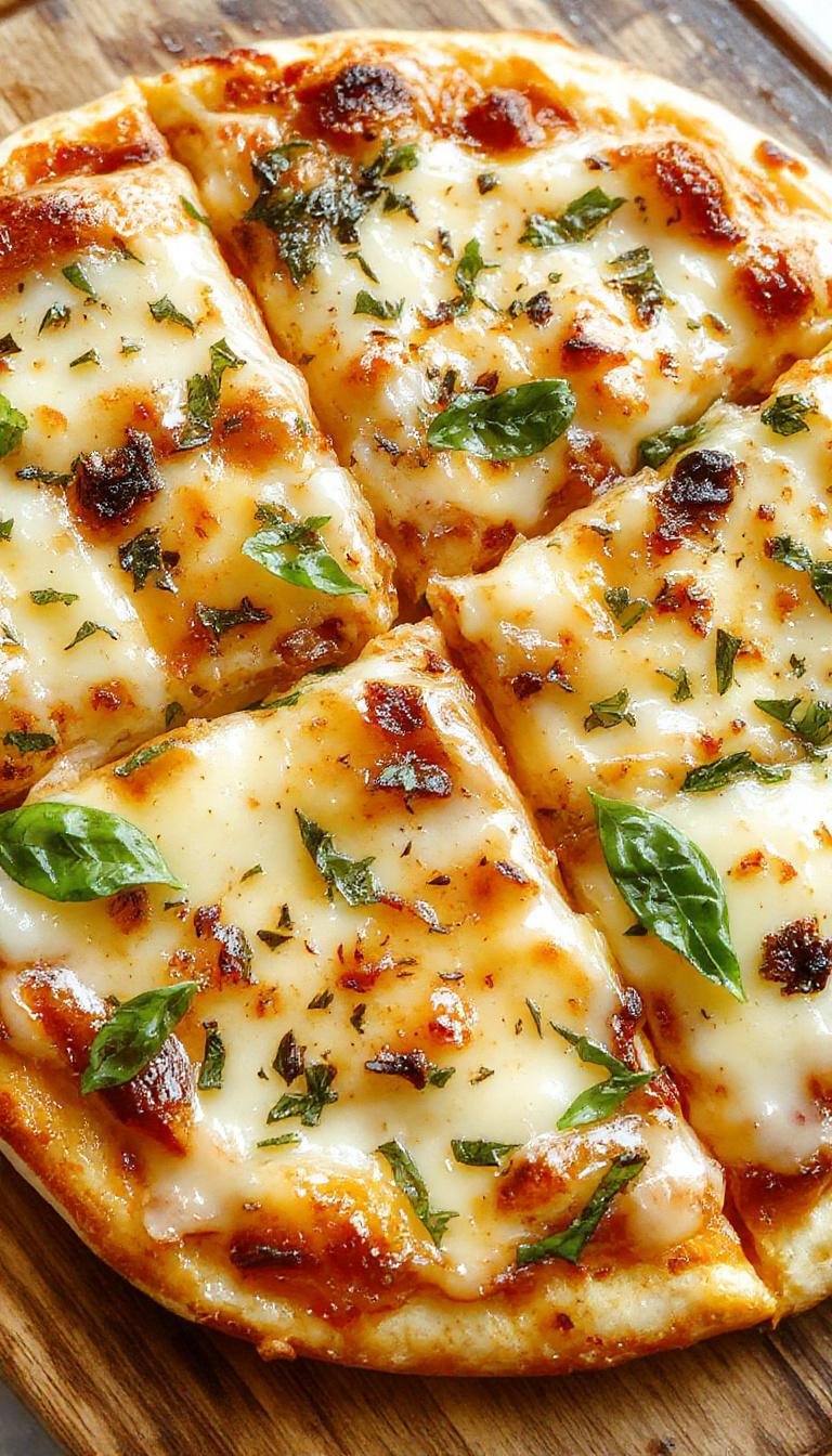 A round lemon basil pizza topped with melted mozzarella, parmesan, and ricotta cheese, garnished with fresh basil leaves and lemon zest. The golden-brown crust is slightly charred around the edges, and the vibrant green basil contrasts beautifully with the cheesy toppings, presented on a rustic wooden board with a light drizzle of olive oil.