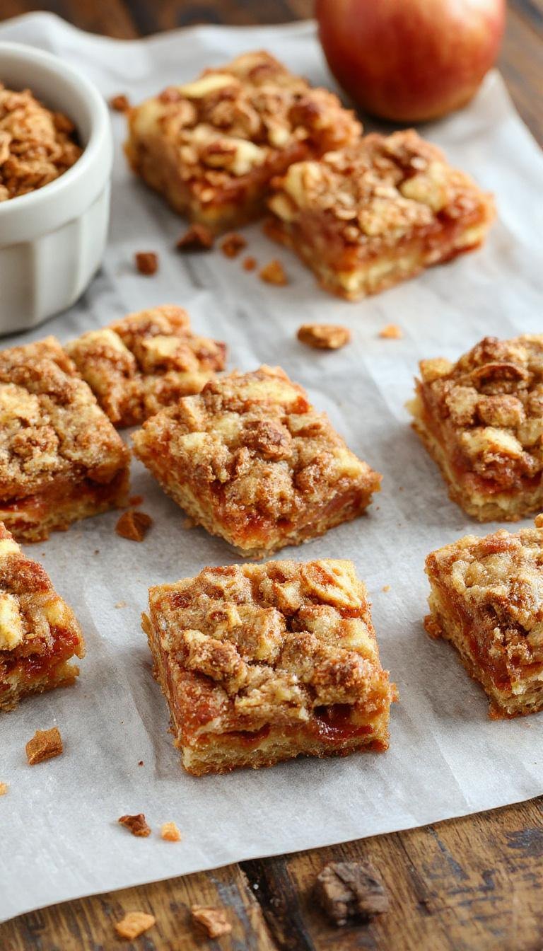 A close-up of golden apple crisp shortbread bars placed on a rustic wooden surface with a dusting of powdered sugar. The bars showcase a crumbly, buttery shortbread crust topped with tender, cinnamon-spiced apple slices, with a few apple pieces and crumbs scattered around for a cozy, inviting presentation.