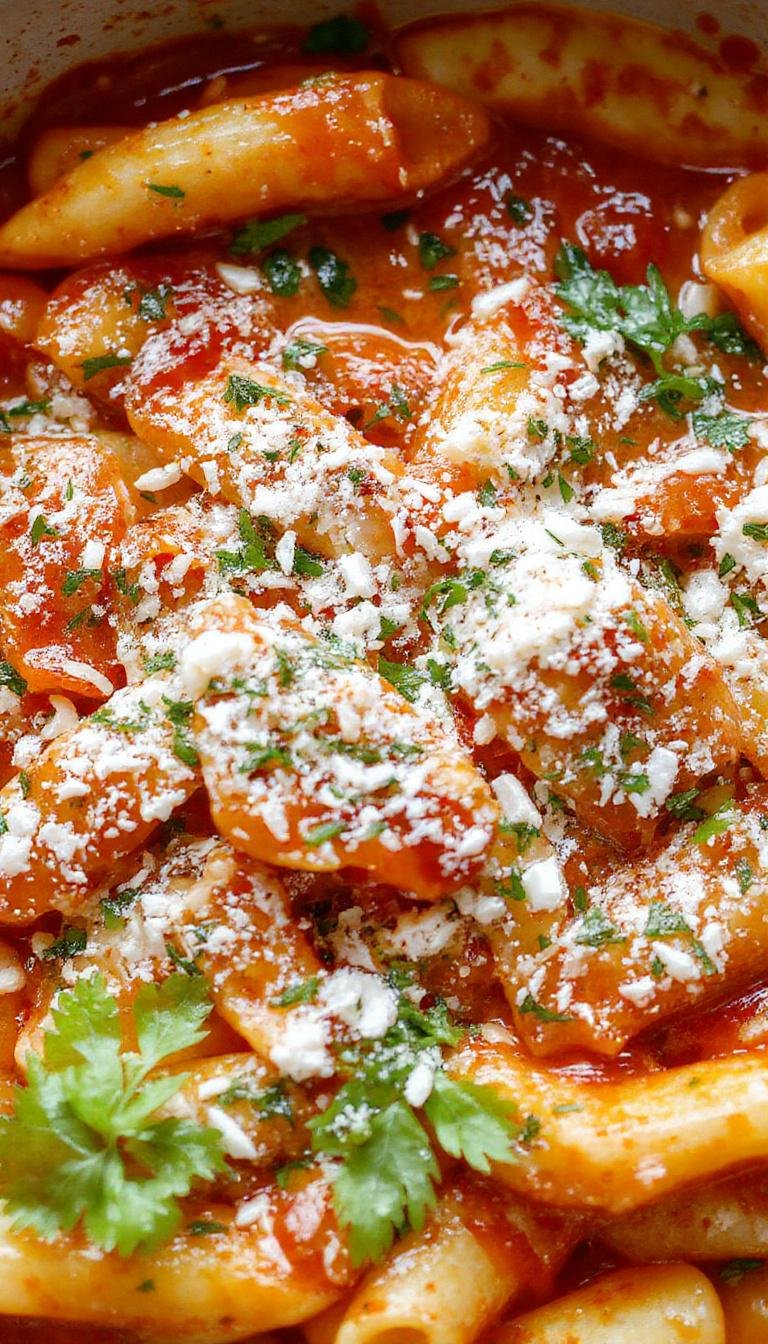 A close-up of a bowl of Arrabbiata Penne pasta with a rich, red tomato sauce, garnished with fresh basil leaves, sprinkled with grated Parmesan cheese. The pasta appears al dente, coated evenly in a vibrant, spicy sauce, with visible chili flakes and steam rising, served on a rustic white plate against a dark background.