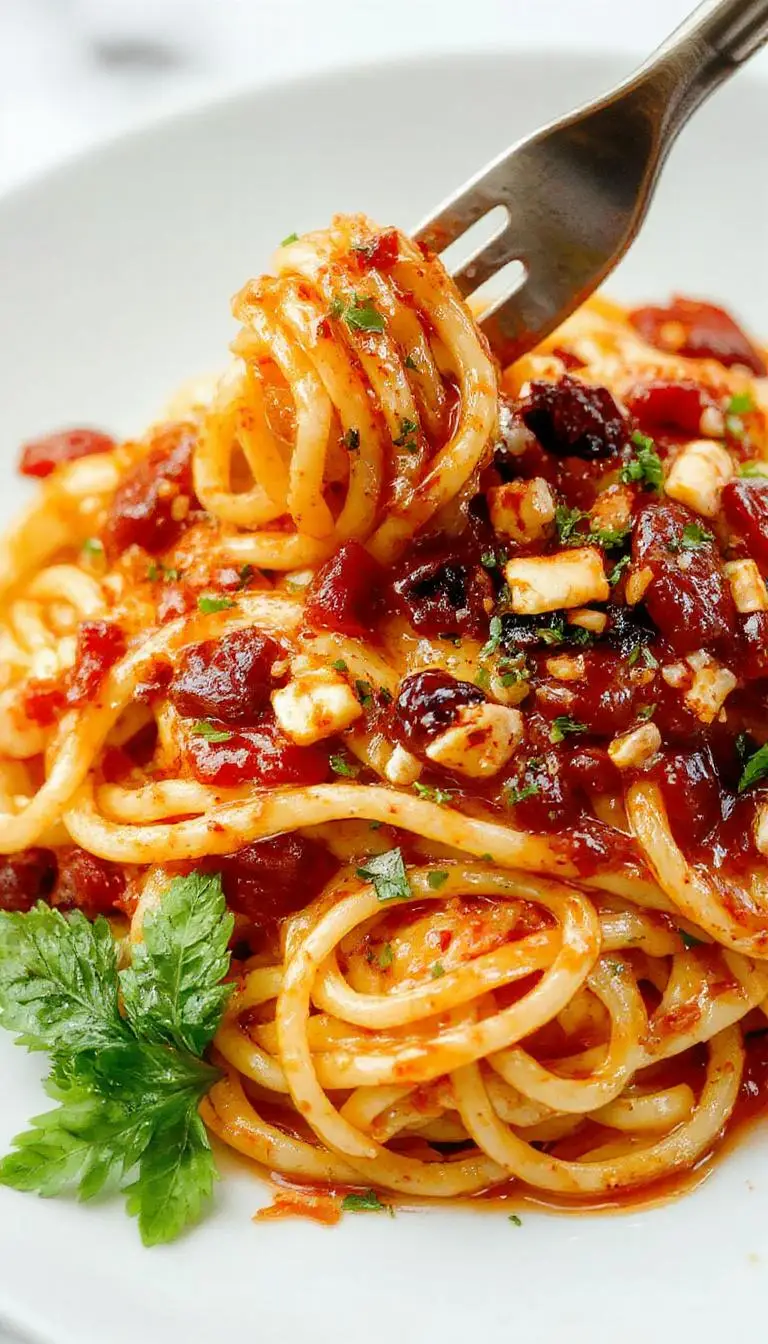 A vibrant plate of Assassins Spaghetti featuring al dente spaghetti coated in a rich, fiery red sauce with visible flecks of chili flakes, garnished with fresh basil leaves and grated Parmesan cheese, presented on a rustic white plate against a dark, textured background.