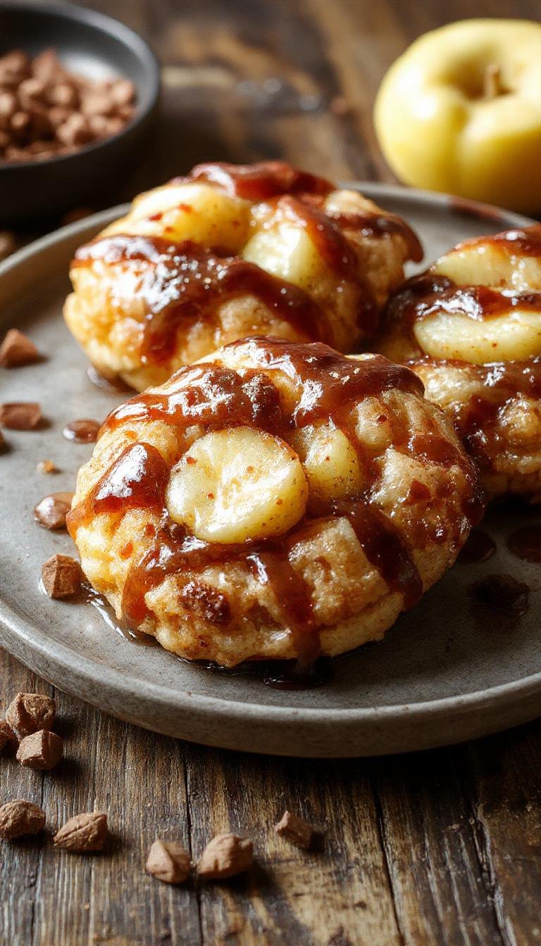 A close-up of golden-brown baked apple fritters arranged on a rustic white plate, drizzled with glossy caramel glaze, with tiny apple pieces visible inside the fluffy fritters, and a dusting of powdered sugar on top. The background features a cozy autumn setting with a wooden table and scattered cinnamon sticks.