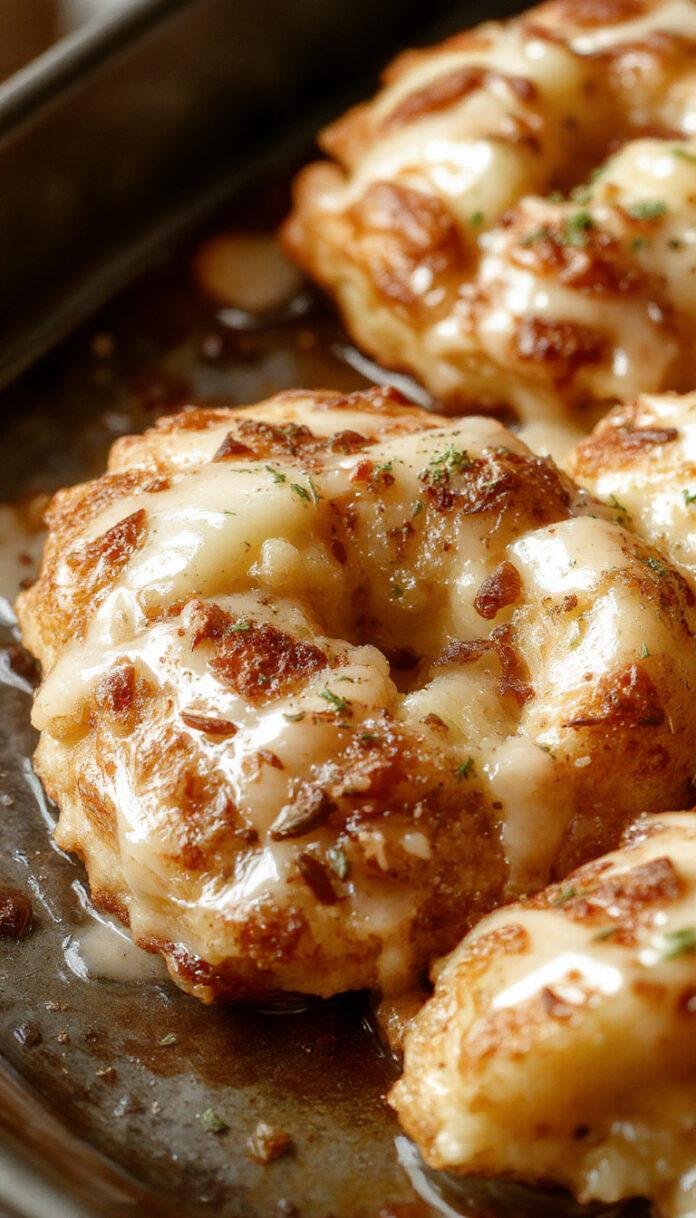 Golden-brown baked apple fritters arranged on a white plate, dusted with powdered sugar, with pieces of baked apple visible inside them, garnished with a sprig of mint, and a drizzle of caramel sauce nearby.